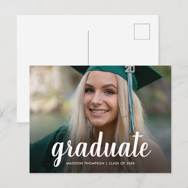 Elegant Script Calligraphy Graduation Photo Announcement Postcard (Front/Back)