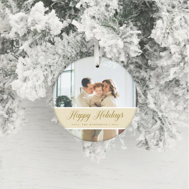 Elegant Script Calligraphy Happy Holidays Photo Ornament (Creator Uploaded)