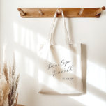 Elegant Script Calligraphy Minimal Wedding Custom  Tote Bag<br><div class="desc">Celebrate your special day with these custom wedding tote bags,  featuring elegant script calligraphy on a minimal design. Ideal for wedding favors,  guest gifts,  or welcome bags,  this chic tote is the perfect blend of style and functionality for your celebration.</div>