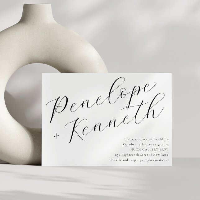 Elegant Script Calligraphy Modern White Wedding Invitation (Creator Uploaded)