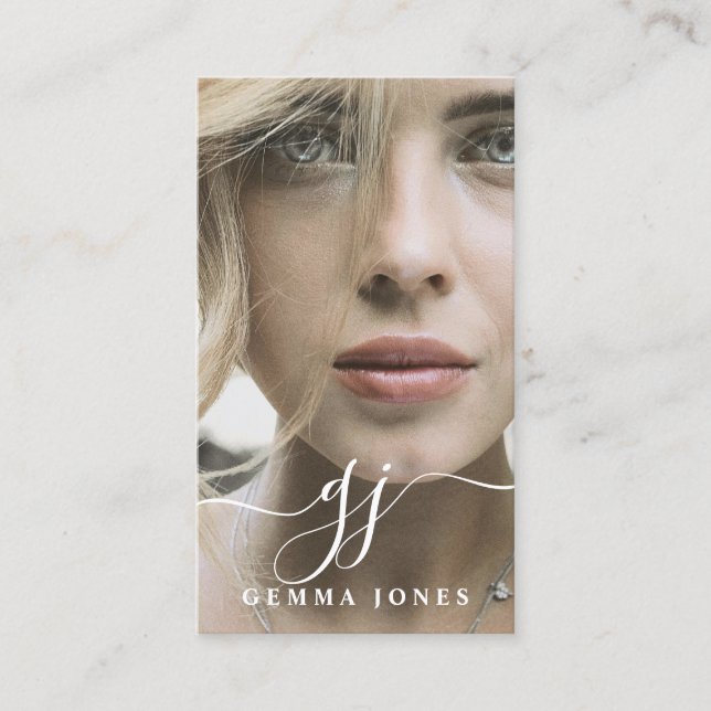 Elegant Script Calligraphy Monogram Logo & Photo  Business Card (Front)