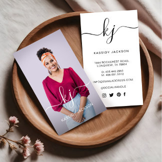 Elegant Script Calligraphy Monogram Logo & Photo Business Card