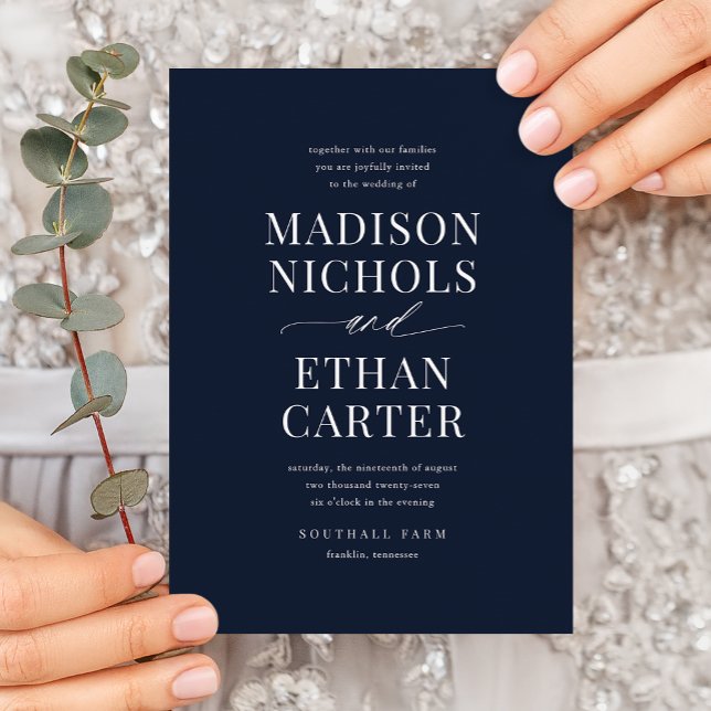 Elegant Script Calligraphy Navy Blue Wedding Invitation (Creator Uploaded)