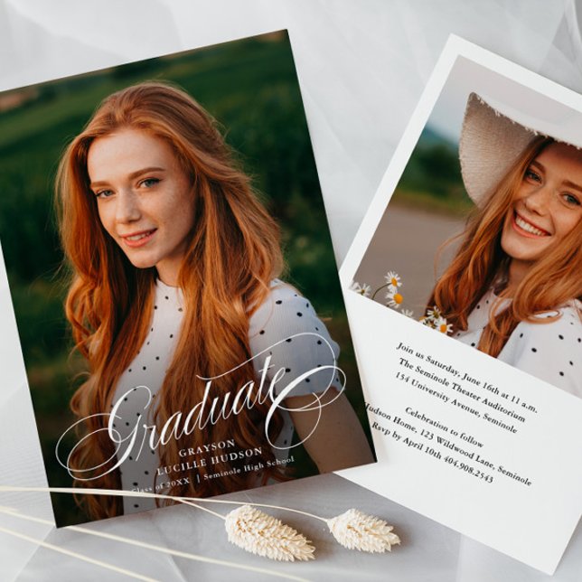 Elegant Script Calligraphy Photo Graduation Invitation (Elegant Graduate Script Calligraphy 2 Photo Graduation Invitation Announcement Card.)