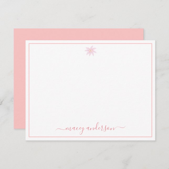 Elegant Script Calligraphy Pink Daisy Note Card (Front/Back)