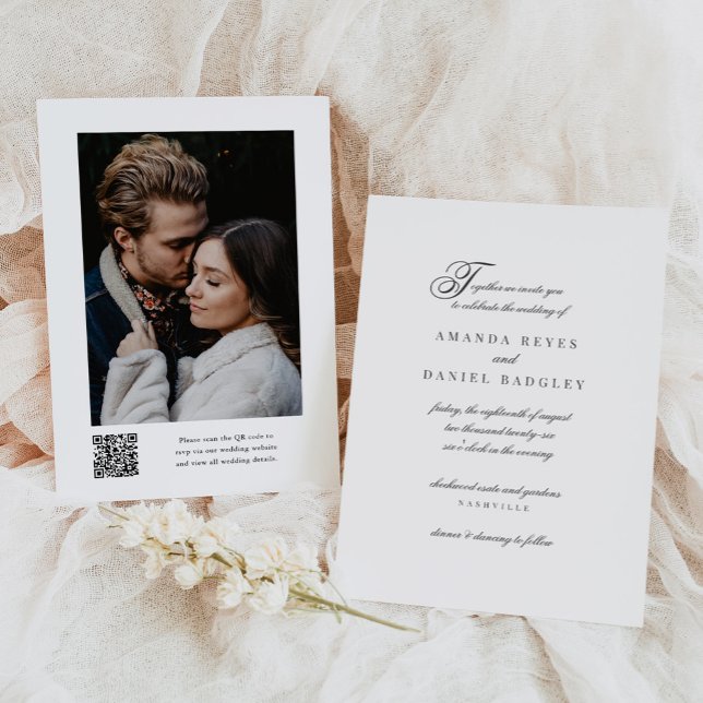 Elegant Script Calligraphy QR Code Photo Wedding Invitation (Creator Uploaded)