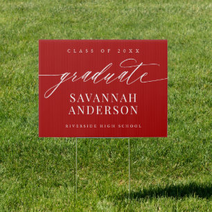 Elegant Script Calligraphy Red Graduation Yard Sign