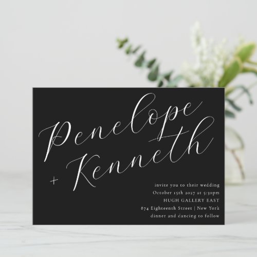 Elegant Script Calligraphy Stylish Wedding Black Invitation