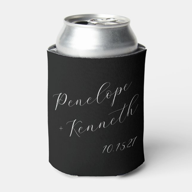 Elegant Script Calligraphy Wedding Custom Black Can Cooler (Can Front)