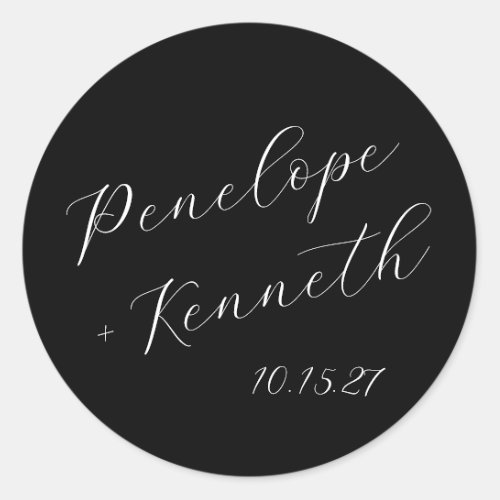 Elegant Script Calligraphy Wedding Custom Black Classic Round Sticker