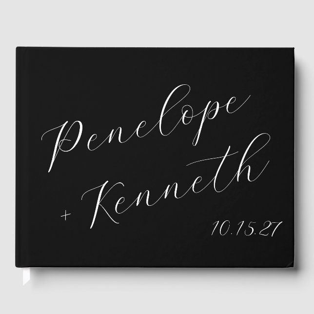 Elegant Script Calligraphy Wedding Custom Black Guest Book (Front)