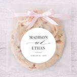 Elegant Script Calligraphy Wedding Favor Classic Round Sticker<br><div class="desc">Elegant Script Calligraphy Wedding favor sticker features an elegant calligraphy script paired with classic type.</div>