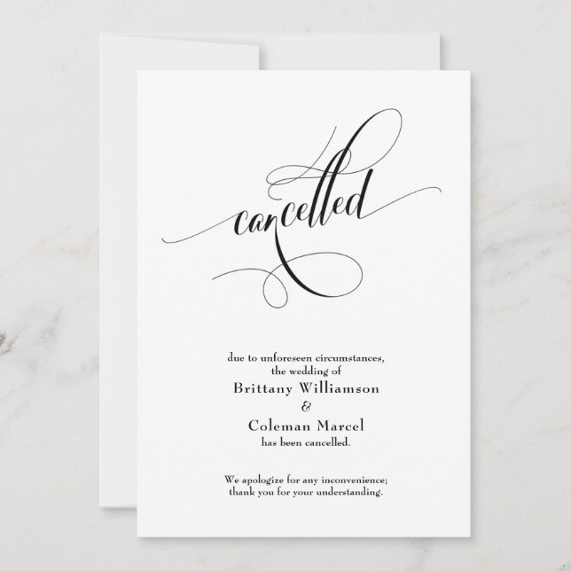 Elegant Script Cancelled Wedding Announcement (Front)
