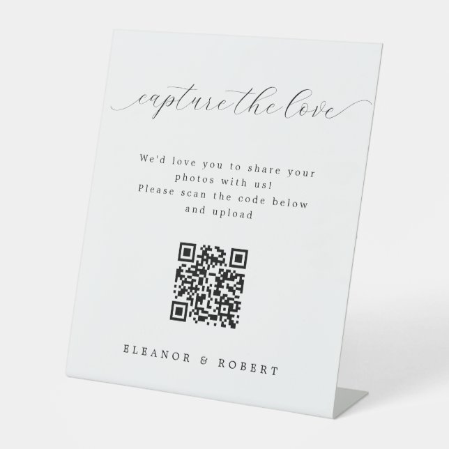 Elegant Script Capture the Love QR Code Wedding Pedestal Sign (Front)