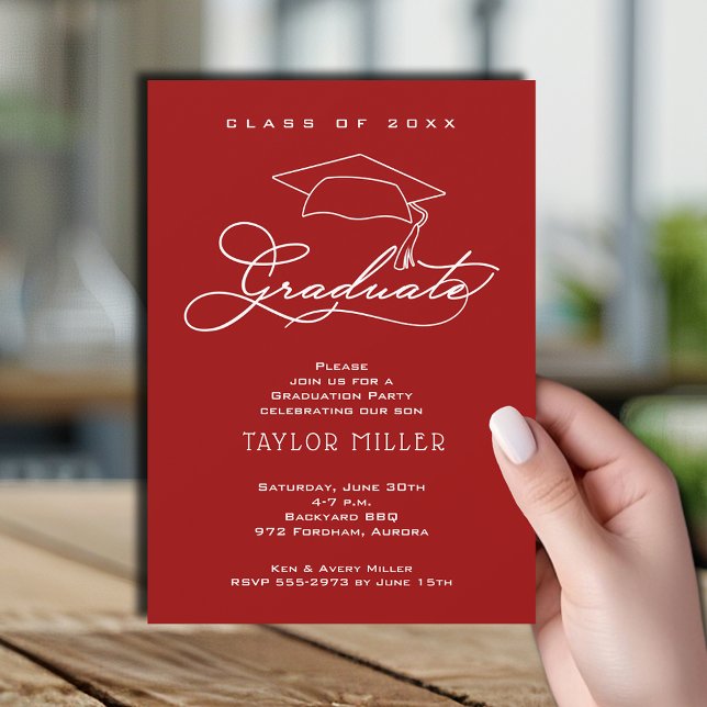 Elegant Script Cardinal Red Graduation Invitation (Elegant white script and grad hat cardinal red graduation party invitations)