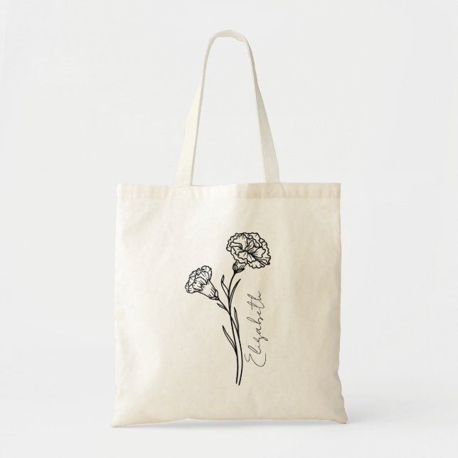 Elegant Script Carnation January Birth Flower Name Tote Bag (Front)