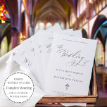 Elegant Script Catholic Wedding Program Full Mass<br><div class="desc">Wow your wedding ceremony guests with this luxurious, folded Catholic wedding program designed for a ceremony with a full mass. It features an elegant, black calligraphy script font with romantic, swirling flourishes, giving you the look of high-end, handwritten calligraphy for much less. The cover also includes an intricately drawn Christian...</div>