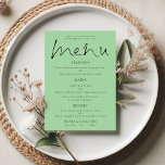 Elegant Script Celadon Green Wedding Menu Card<br><div class="desc">Elegant Script Celadon Green Wedding Menu Card, with a stylish set script for the header Menu. Easily personalise the rest of the text to your own details which includes alternatives for your vegan or vegetarian options. You can also change text styles and colors as well as the background colors via...</div>