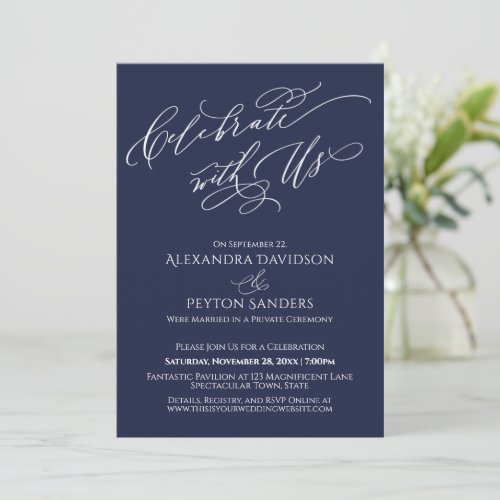 Elegant Script Celebrate with Us Navy Reception Invitation