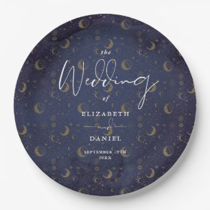 Elegant Script Celestial Stars And Moons Wedding Paper Plates