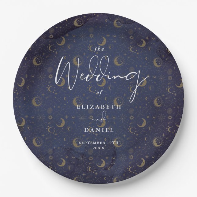 Elegant Script Celestial Stars And Moons Wedding Paper Plates (Front)