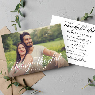 Elegant Script Change the Date Photo Wedding Save The Date