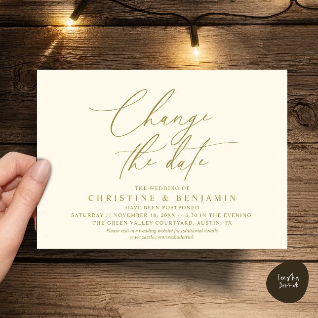 Elegant Script Change the Date Wedding Postpone  Invitation (Elegant Script Change the Date Wedding Postponement Invitation Card in Yellow Cream Gold)