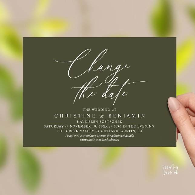 Elegant Script Change the Date Wedding Postpone  Invitation (Elegant Script Change the Date Wedding Postponement Invitation Card in Olive Green)