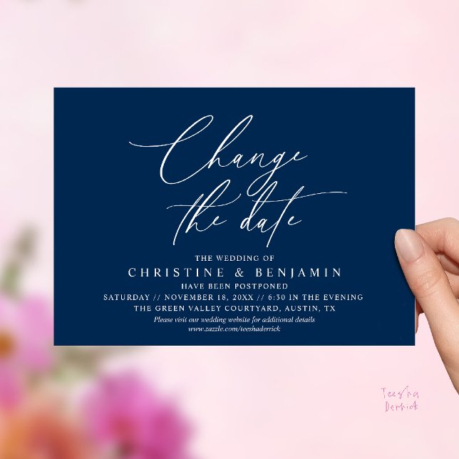Elegant Script Change the Date Wedding Postpone  Invitation (Elegant Script Change the Date Wedding Postponement Invitation Card in Navy Blue)