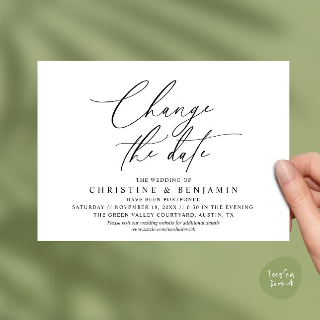 Elegant Script Change the Date Wedding Postpone  Invitation (Elegant Script Change the Date Wedding Postponement Invitation Card in Black and White)