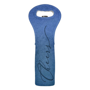 Elegant Script CHEERS on Faux Blue Leather Wine Bag