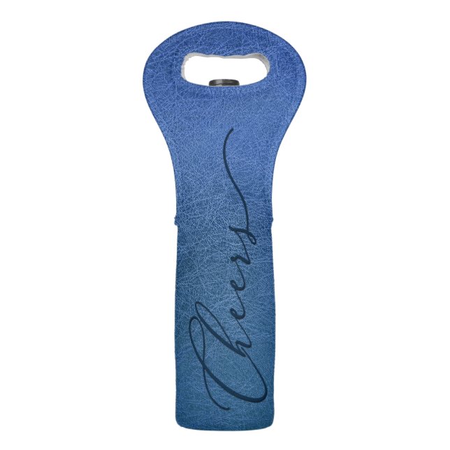 Elegant Script CHEERS on Faux Blue Leather Wine Bag (Front)