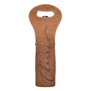 Elegant Script CHEERS on Faux Brown Leather Wine Bag