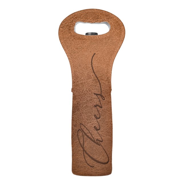 Elegant Script CHEERS on Faux Brown Leather Wine Bag (Front)