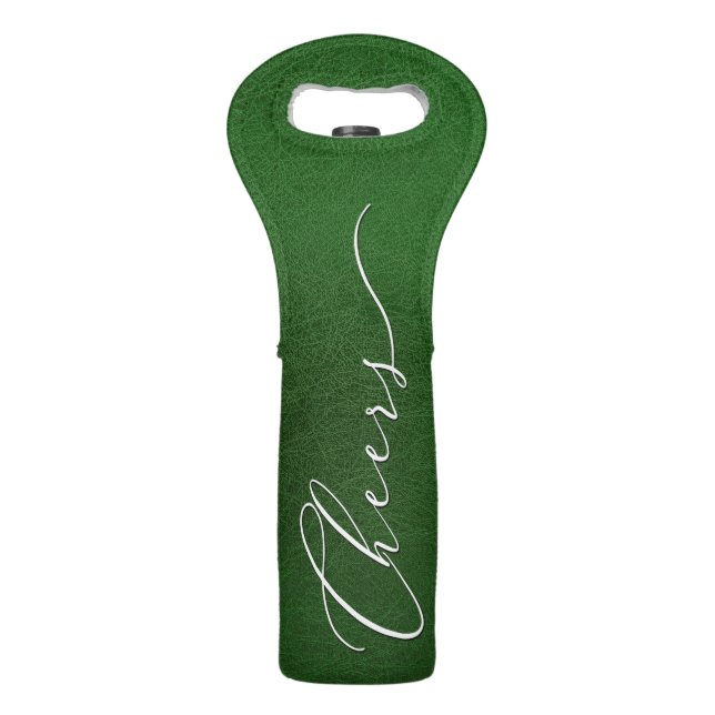 Elegant Script CHEERS on Faux Green Leather Wine Bag (Front)