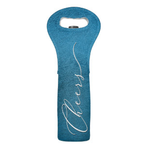 Elegant Script CHEERS on Faux Ocean Blue Leather Wine Bag