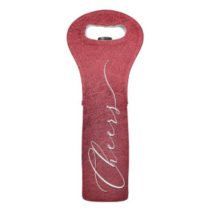 Elegant Script CHEERS on Faux Red Leather Wine Bag