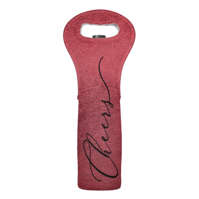 Elegant Script CHEERS on Faux Red Leather Wine Bag (Front)