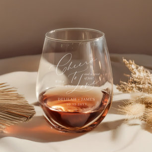 Elegant Script Cheers to Love Couples Wedding Stemless Wine Glass