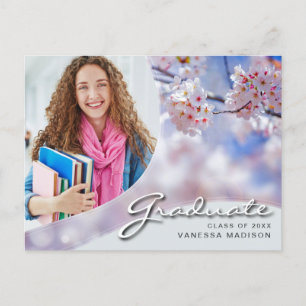 Elegant Script Cherry Blossom Modern Photo Grad Postcard