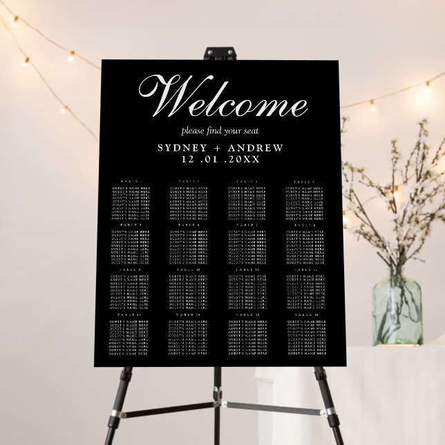 Elegant Script Chic Black Wedding Seating Chart Foam Board (In Situ (Stand))