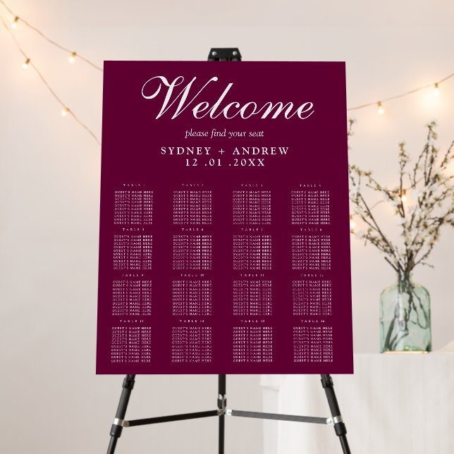Elegant Script Chic Burgundy Wedding Seating Chart Foam Board (In Situ (Stand))