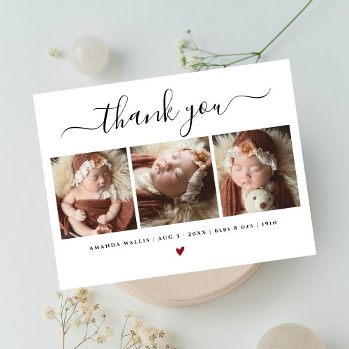 Elegant Script Chic Minimal 3 Photo New Baby Postcard