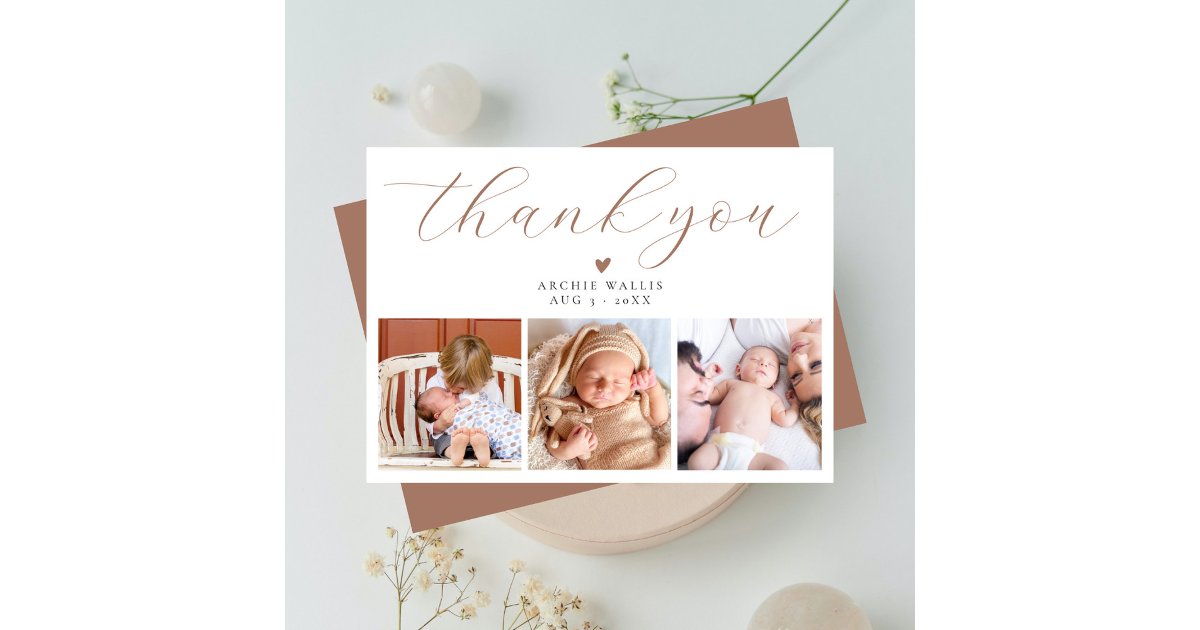 Elegant Script Chic Mocha Three Photo Baby Shower Thank You Card | Zazzle