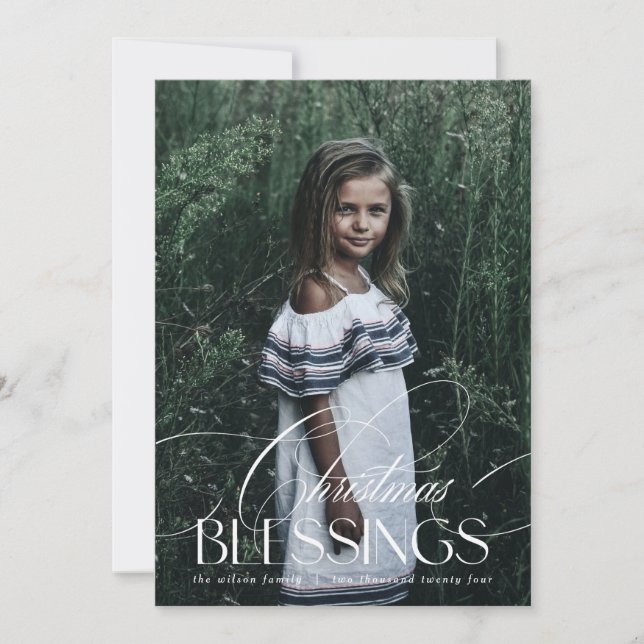 Elegant Script Christmas Blessings Holiday Card (Front)