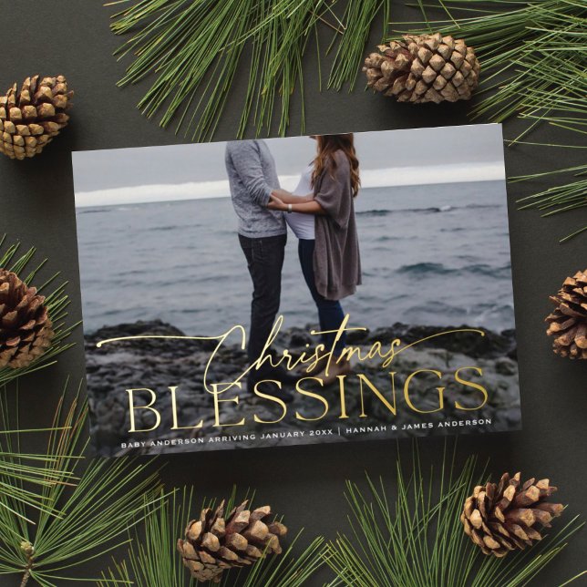 Elegant Script Christmas Blessings Pregnancy Foil Holiday Card (Creator Uploaded)