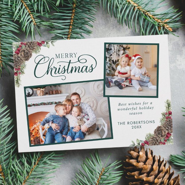 Elegant Script Christmas Botanical 2 Photo Green Holiday Card (Creator Uploaded)