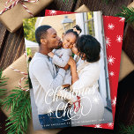 Elegant Script Christmas Cheer   Snowflakes Photo Holiday Card<br><div class="desc">This festive Christmas photo card features one vertical full-frame (aka "full-bleed") photo and a beautiful script greeting in white. The greeting on the front says "Christmas Cheer". The back has a coordinating light blue and white snowflake pattern. You can also add another photo and/or additional text to the back.</div>