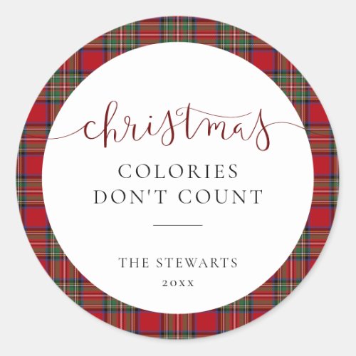 Elegant Script Christmas Colories Plaid Tartan Classic Round Sticker