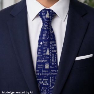 Elegant Script Christmas Font Collage Navy Silver Neck Tie